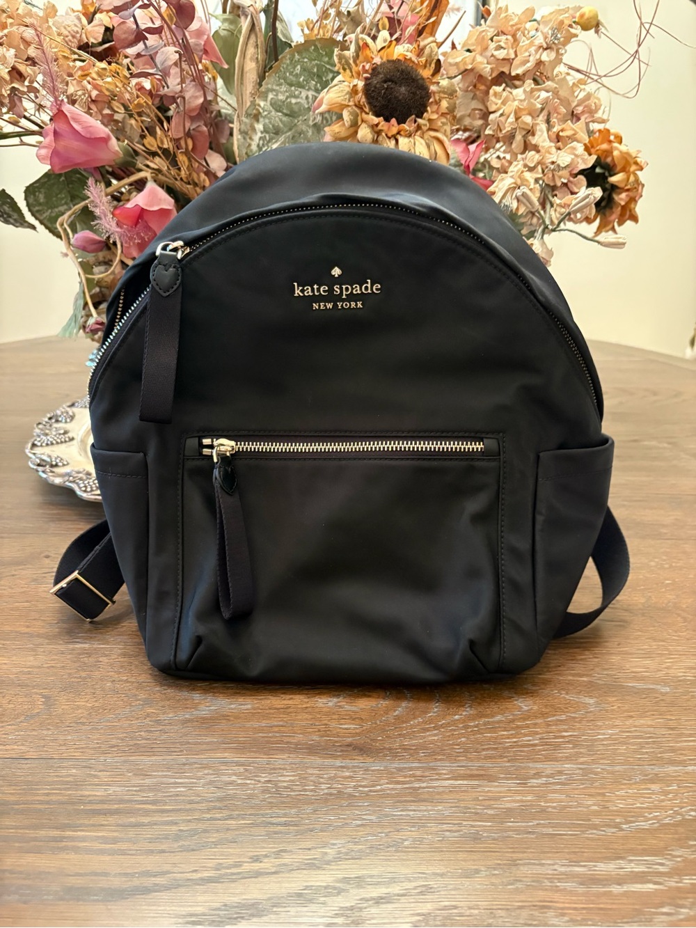 kate spade black nylon small backpack with gold logo